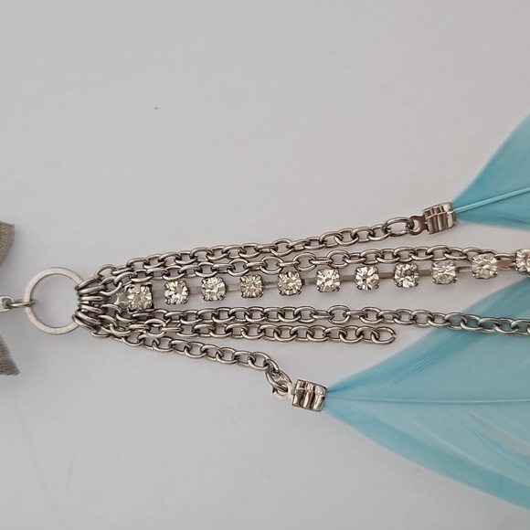 Feather, Rhinestone, Chain & Silvertone Metal Bow Pierced Earrings - Picture 4 of 9